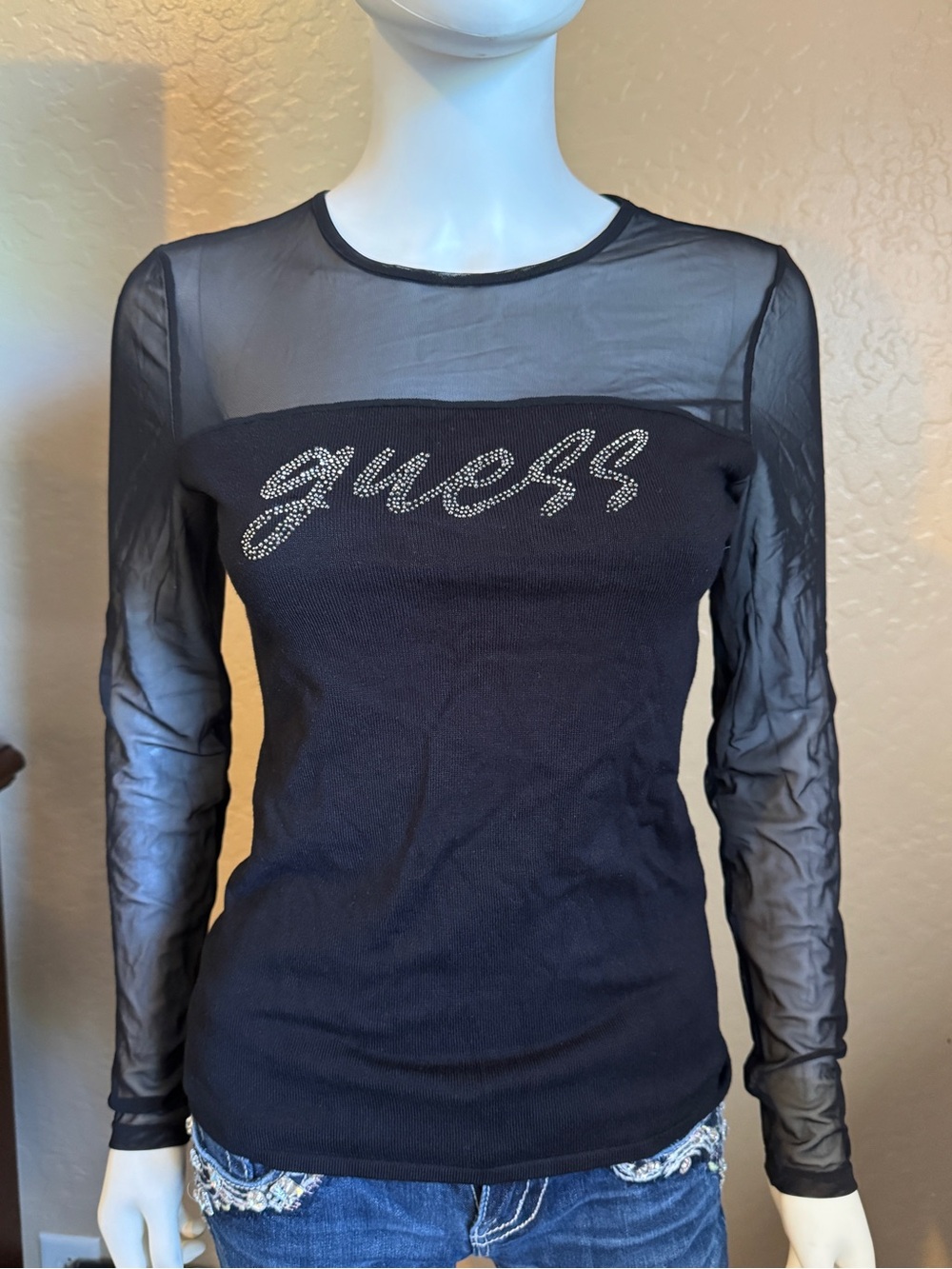 Guess black long sheer top medium